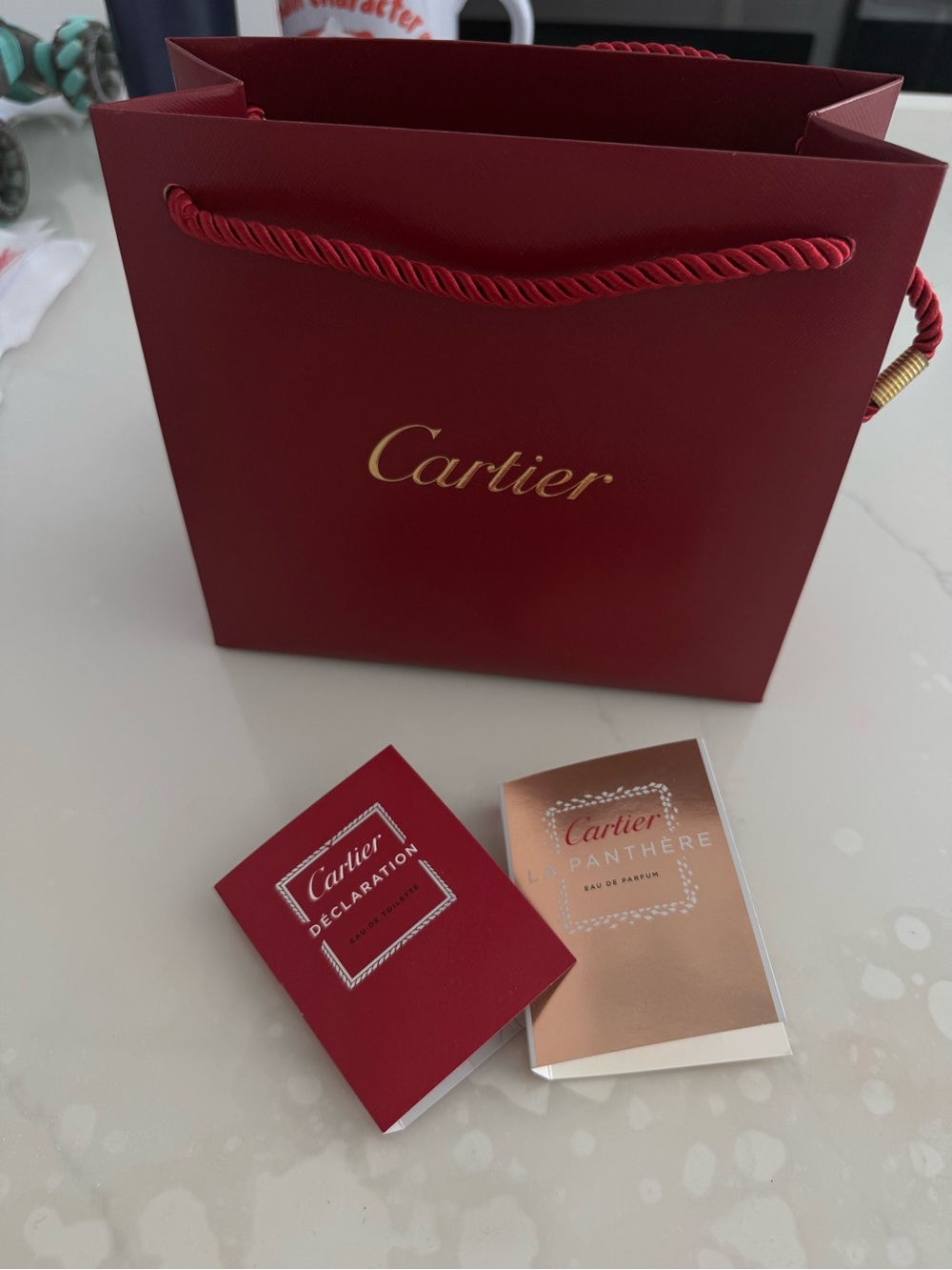 Cartier Red Paper Gift Bag 8x7in & 2 perfume samples La Panthere + Declaration